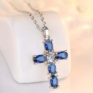 Elegant Blue Oval Cubic Zirconia Dainty Cross Pendant Spiritual Necklace